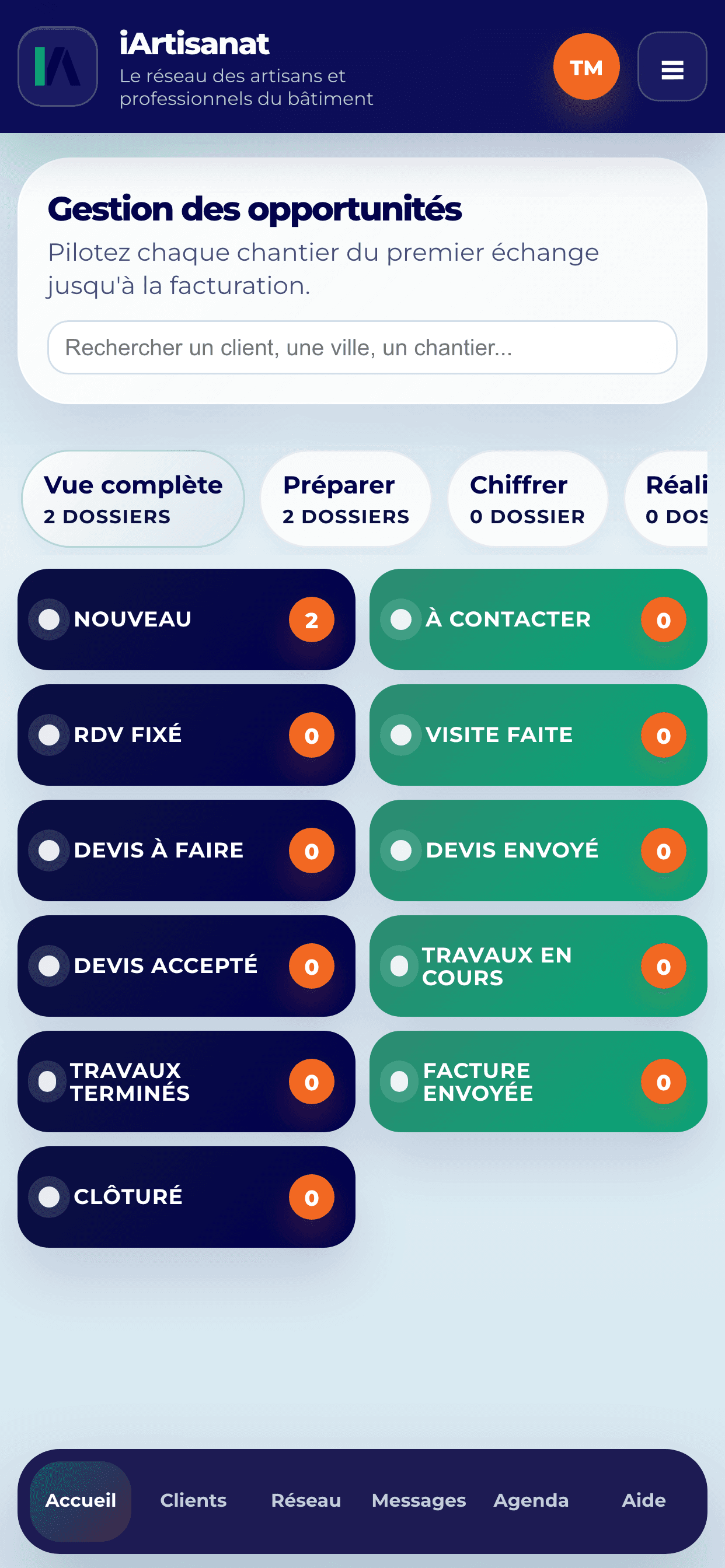 Écran Gestion des opportunités de l'app iArtisanat